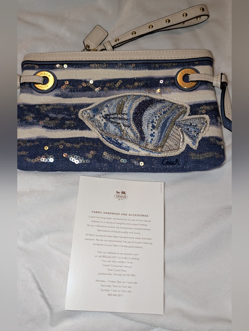 COACH AUDREY MOTIF CANVAS FISH SEQUIN LARGE WRISTLET BLUE MULTI EUC